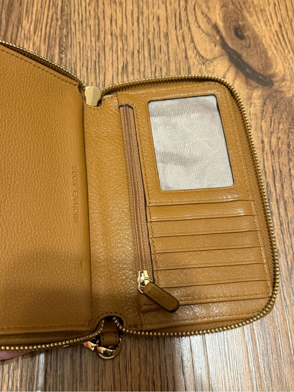Michael Kors Tan Brown Leather MK Logo Zip Wristlet